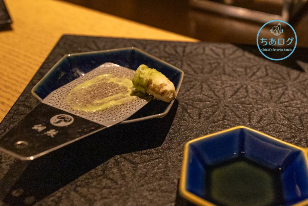 伊豆山 佳ら久「六つ喜」夕食、河津産の本わさびを自分たちですりおろす体験