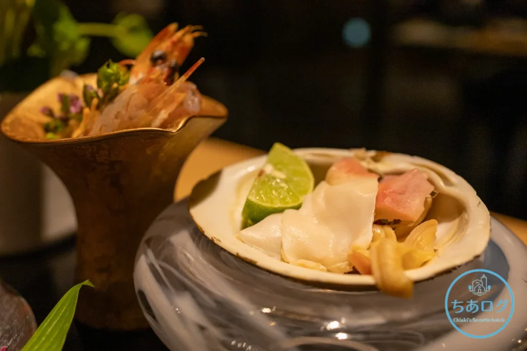 伊豆山 佳ら久「六つ喜」夕食のお造り、食感の良い北寄貝